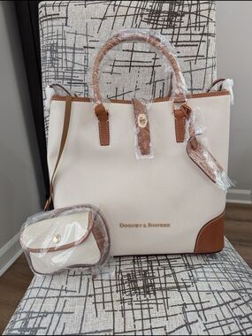Dooney & Bourke Shelby Cream Tote with Brown Leather Trim and Pouch